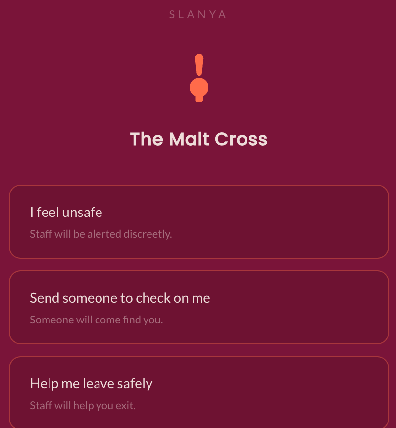 The patron-facing alert screen, showing the three discreet help options