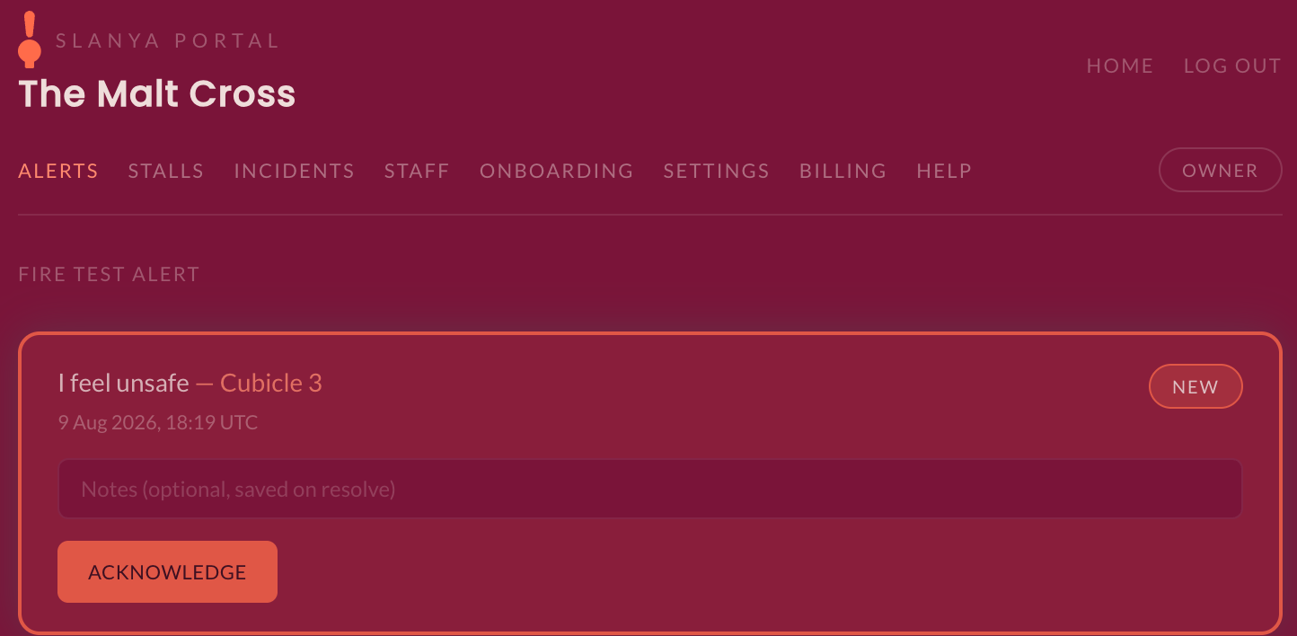 A venue staff member's live alert feed, showing a new incoming alert